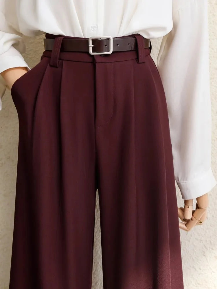 Spring 2025 New Burgundy Suits Pants for Women Office Lady Elegant High Waist Wide Leg Fashion Trousers with Pockets Black Gray