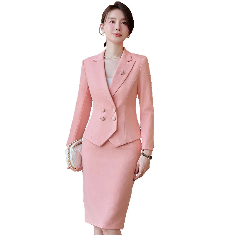 New Arrival Elegant Ladies Formal Skirt Suit Women Orange Blue Pink Double Breasted Female Blazer Set for Business Work Wear