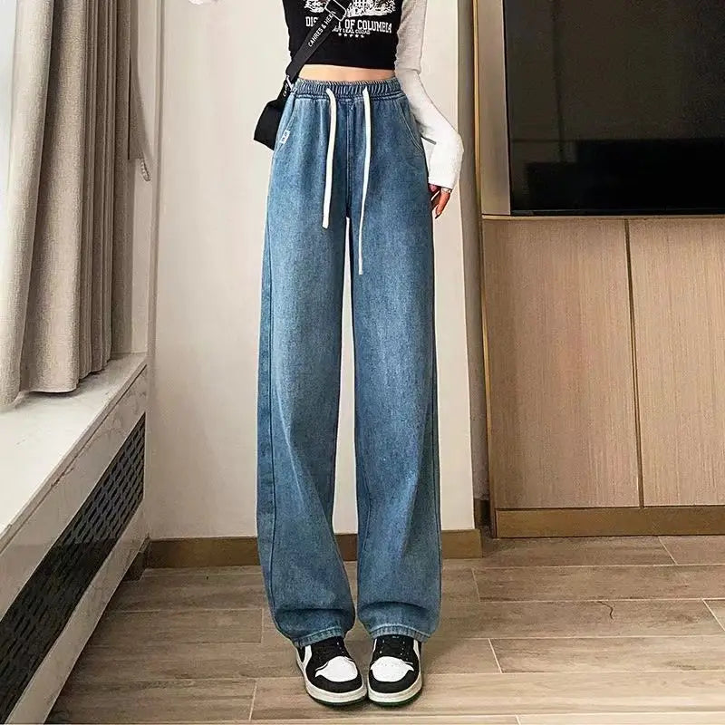 Spring Autumn New Fashion Elastic Waist Drawstring Solid Jeans Women's Clothing Pocket Korean All-match Trend Chic Straight Pant