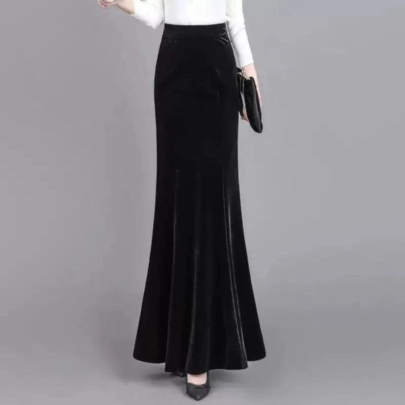 Extended Gold Velvet Skirt Fishtail Skirt Autumn and Winter Slim Tall Person with Hip-covered Long Skirt Female Temperament