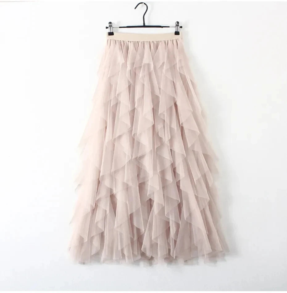 Womens Elastic High Waist Tulle Mesh Irregular Tutu Skirt gauze skirt  spring and summer new pleated A-line skirt in the long hi