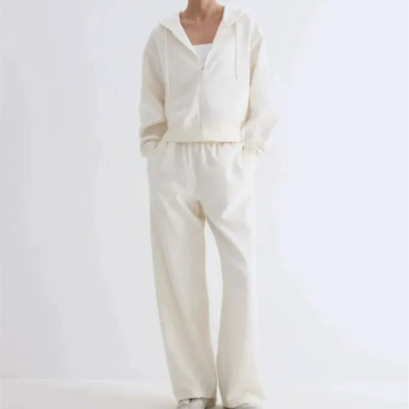 2025 Autumn Casual Solid Color Women's Sports Suits Fashion Zipper Cardigan Loose Hooded Sweatshirt Wide-leg Pants Two-piece Set