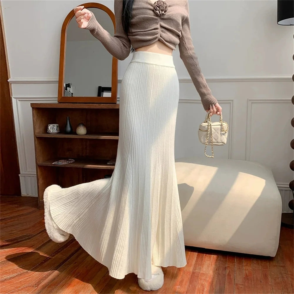 Autumn Winter Knitted Black Long Skirts Women Streetwear Elastic High Waist Clothes Sexy Knitwear Mid Length Fishtail Long Skirt