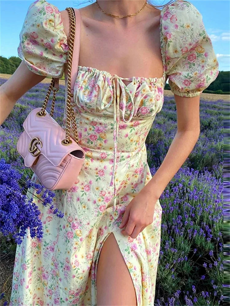 Women Summer Vintage Floral Dress Puff Short Sleeve Square Neck Split Long Dress for Eleagnt Party Beach Bohemian Dresses