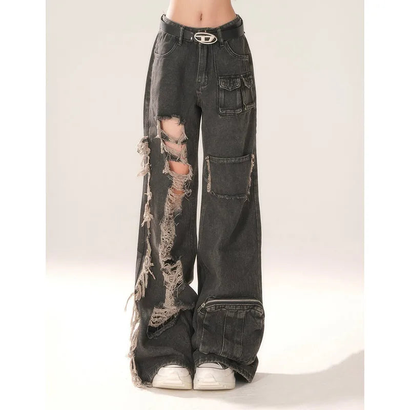 High Waist Ripped Women's Black Jeans Hip-hop Style Fashion Vintage Streetwear Y2K Wide Leg Jean 2024 Trouser Baggy Denim Pants