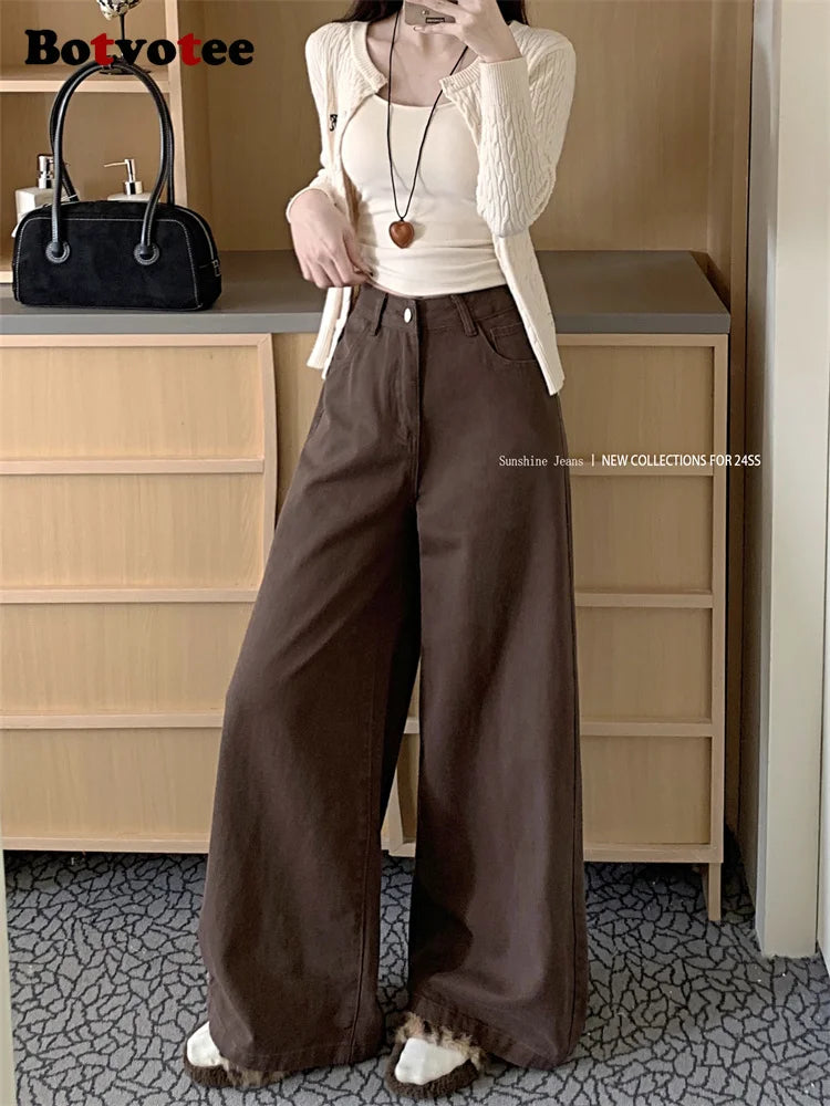 Botvotee Brown Baggy Jeans Women High Waisted Wide Leg Streetwear Y2k Fashion Black Denim Pants Beige Slouchy Jeans