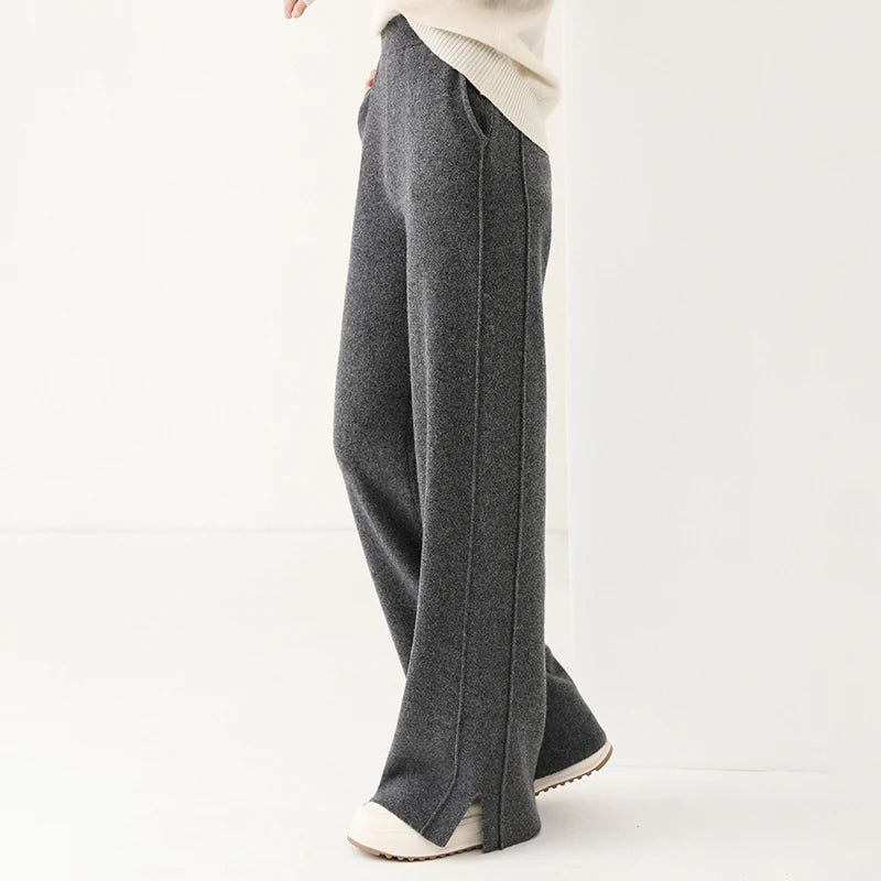 Women Wool Wide Leg Trousers Elastic Waist Side Slit Woman Wool Pants Autumn Winter 100% Merino Wool Knitted Soft Warm Trousers