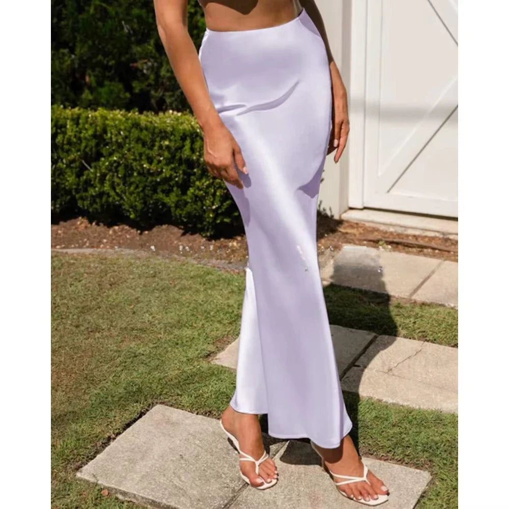2025 Elegant Faux Silk Satin Skirts for Women High Waist A-line Office Lady  Solid Color Glossy Finish Fishtail Skirt