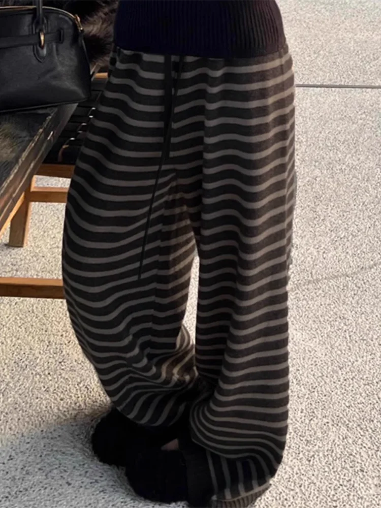 Harajuku Contrast Color Striped Women Wide Leg Pant Vintage Grunge Loose Knitted Pant Y2K American Casual Lady Straight Trousers