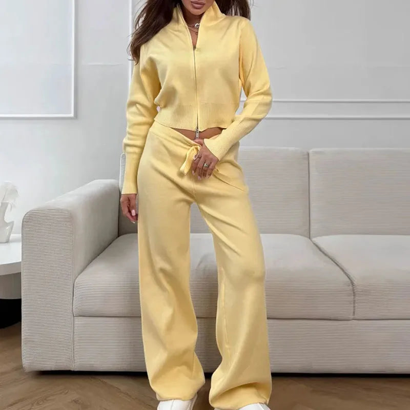 Autumn New Lady Commute Long Pants Outfit Fashion Zipper Long Sleeve Jacket And Pants Set Solid Color Slim Women Sportwear Suits
