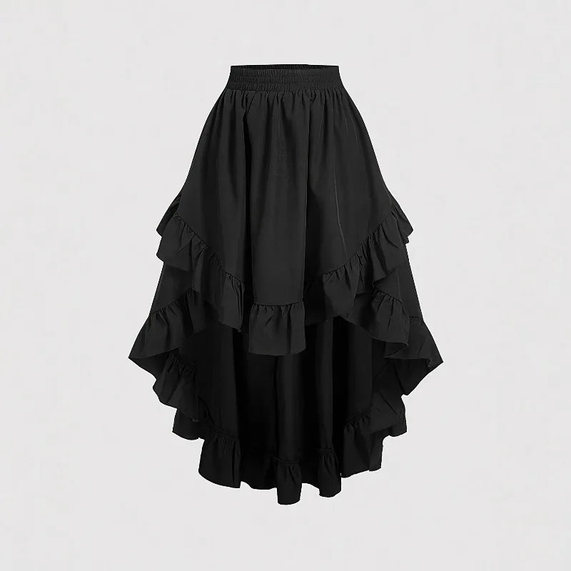 1pcs Women Fashion Versatile Elastic Waist Asymmetrical Ruffle Skirt Black Irregular Hem Flared Half Skirt