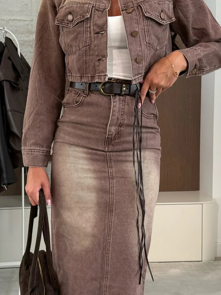 Women's Clothing Casual Outfits Lapel Button Up Jacket with Long Skirt Two Piece Set Vintage Long Sleeved Slim Fit Denim Suits