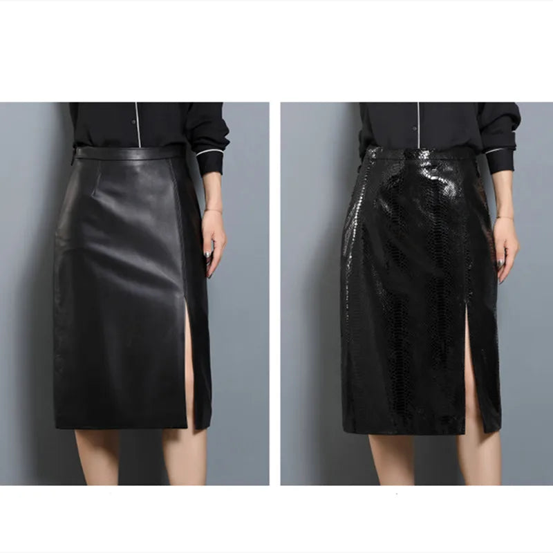 Women's High Waist Genuine Sheepskin Leather Skirt A-Line Medium Length for Spring Autumn Sizes M to 4XL
