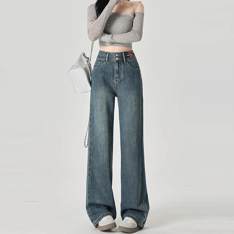 Women's Narrow Cut Wide Leg Jeans With High Waist And Hanging Feeling Straight Leg Casual Look Slim Contrasting Colors Pants
