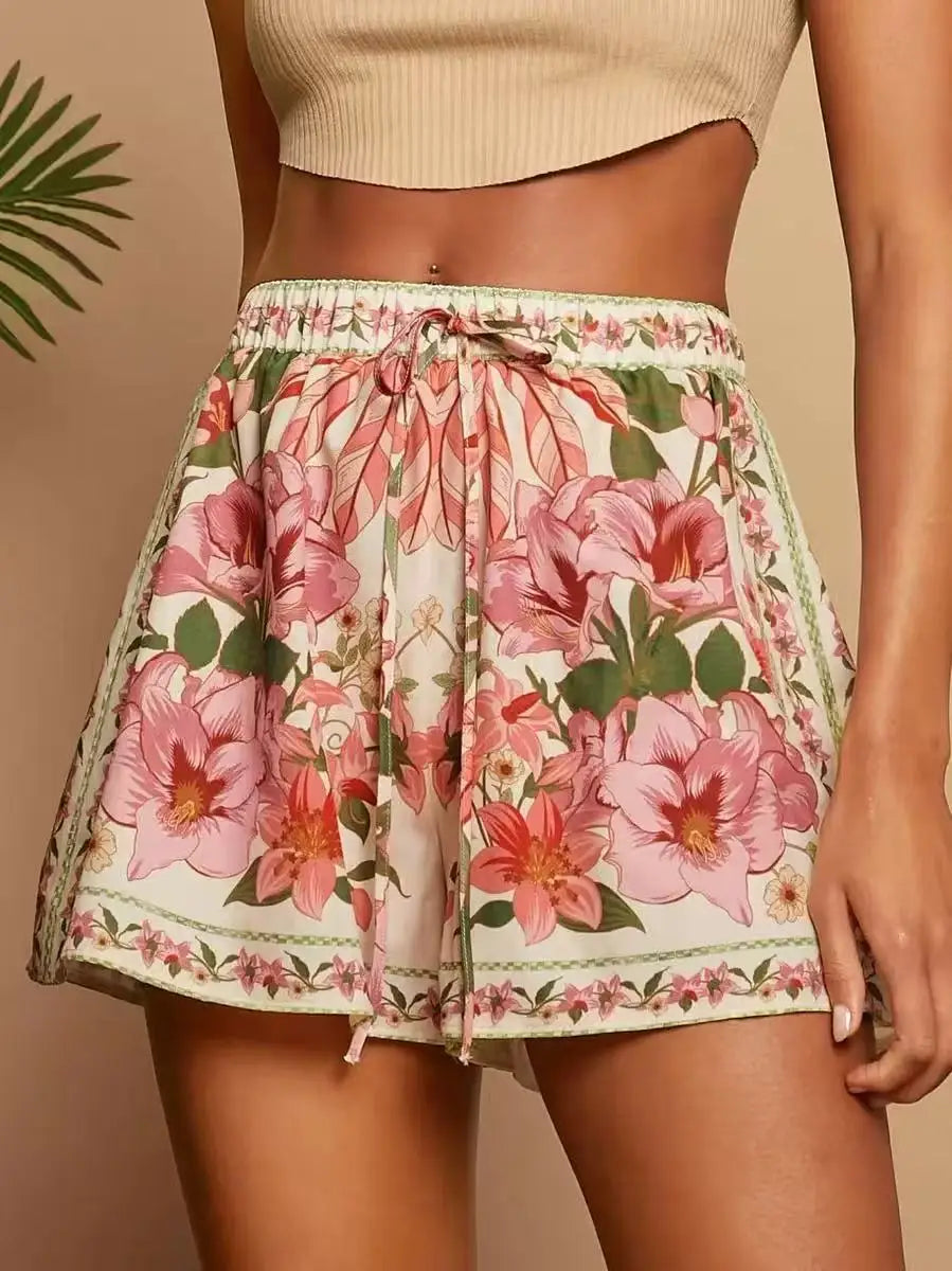 Spring Summer Fashion Tropical Vacation Elegant Casual Print High Waist Short Pants for Women