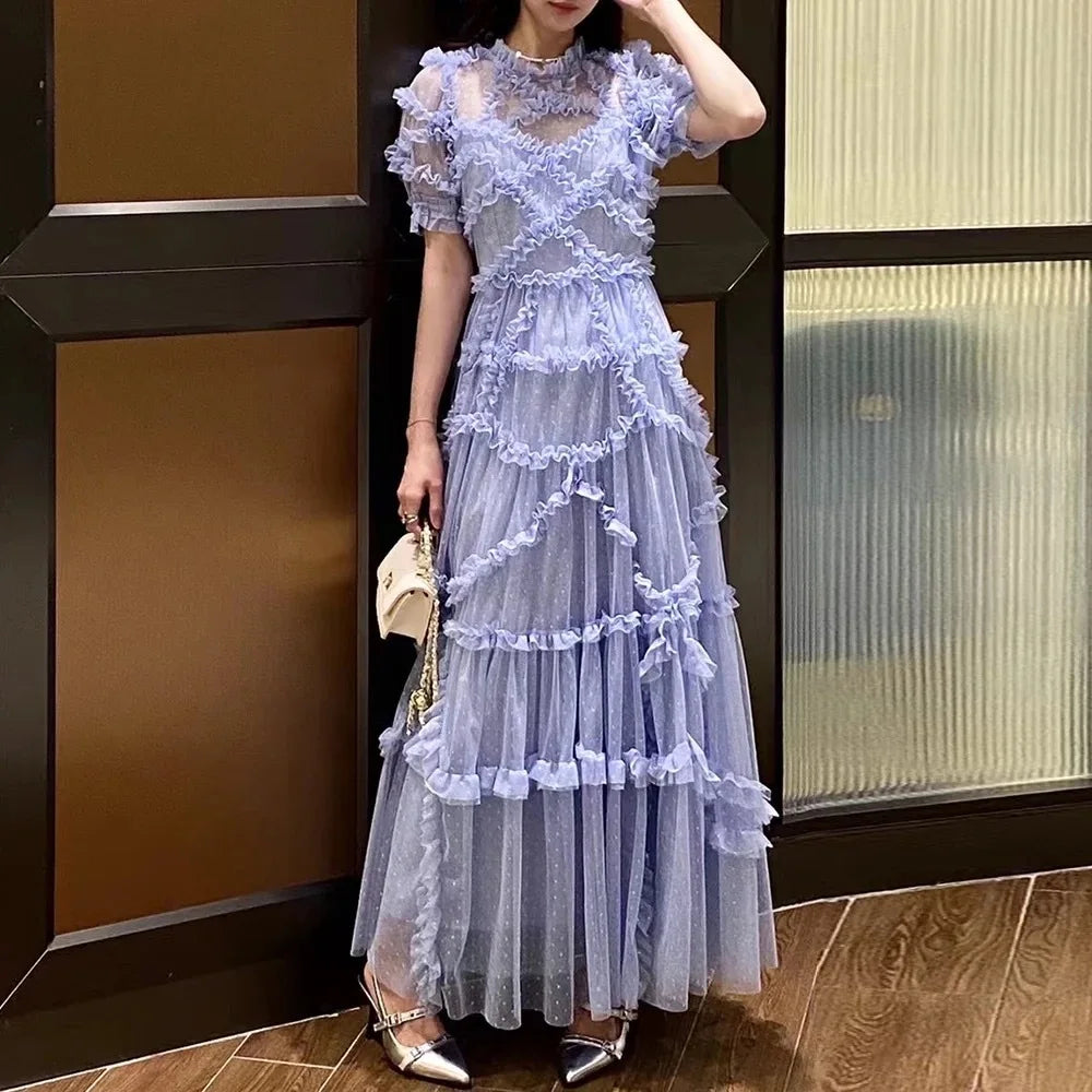 Quality Vintage Summer Holiday Layers Ruffle Cake tulle Long Dress Women Blue Dots Elegant Party Evening Vestidos