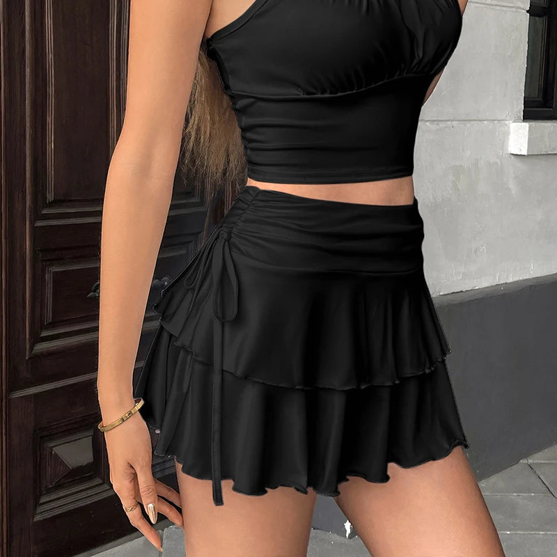 Solid Color Ruffles Mini Skirts Women Korean Summer High Waist A Line Pleated Skirts Woman 2026 Lace Up Beach Dance Short Skirt